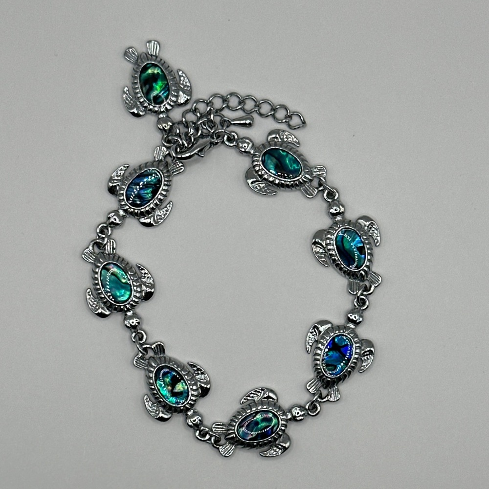 Silver Tone Sea Turtle Abalone Shell Inlay Link Bracelet Coastal Jewelry
